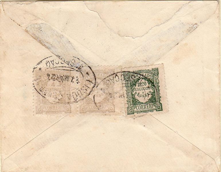 0041 v.jpg -     Lote:    41 (verso)      J. M. Castanheira da Silveira             Descrição:         1915/27 &mdash; Porteado. Emissão regular. Valor em centavos + Emissão regular. Unicolor. Sobrescrito circulado da Índia Inglesa (28.02.28) para Lisboa (27.03.28) com dois selos de 1 anna. Insuficientemente franquiada foi porteado com o dobro do porte em falta com 2 selos de 4c CE POR25 + 1$20 CE POR44.        Carta       Valor Base:     &euro; 20,00     Valor Venda:     &euro;      